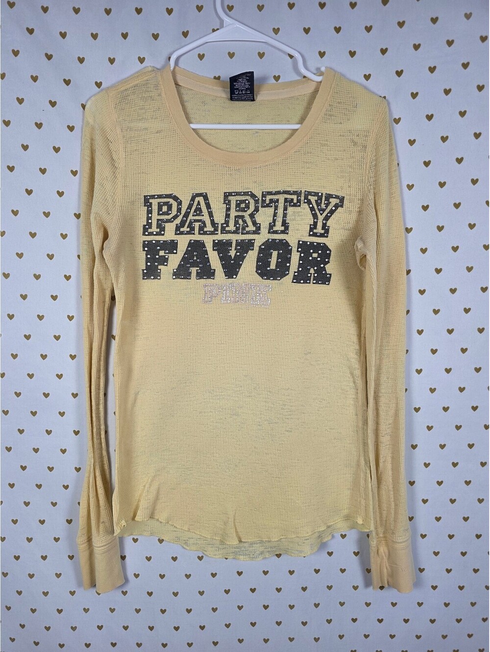 Victoria's Secret PINK Party Favor Thermal Shirt L Rhinestone BLING Yellow